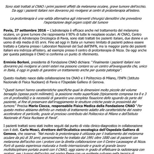 Procedura aperta per l’affidamento triennale del servizio di vigilanza da effettuarsi per il Centro Nazionale di Adroterapia Oncologica (CNAO) di Pavia